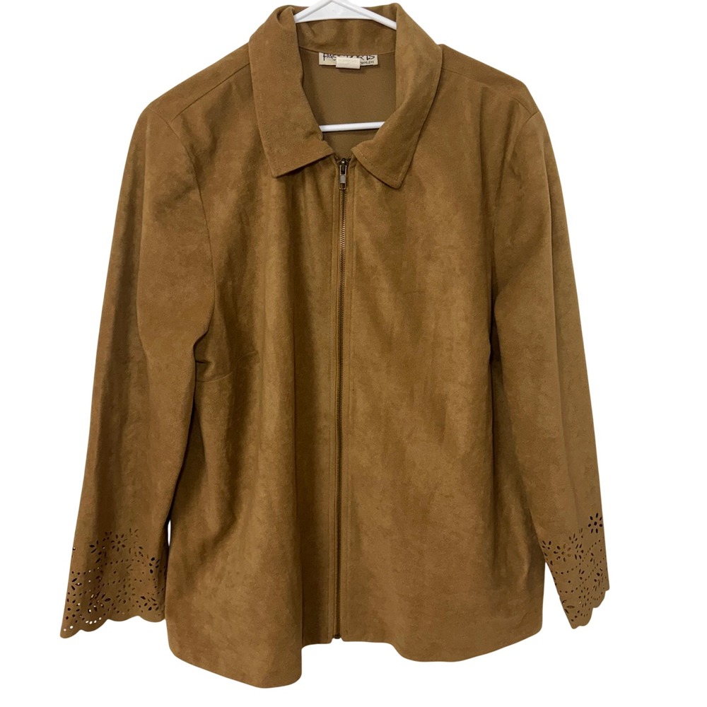 VTG Passports Western Faux Suede Zip Up Jacket Brown Eyelet Cuff Women's 1X USA